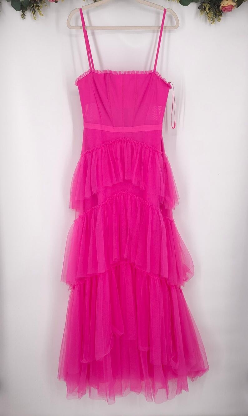 Betsy & Adam Pink Mesh Corset Square Neck Gown Size 10